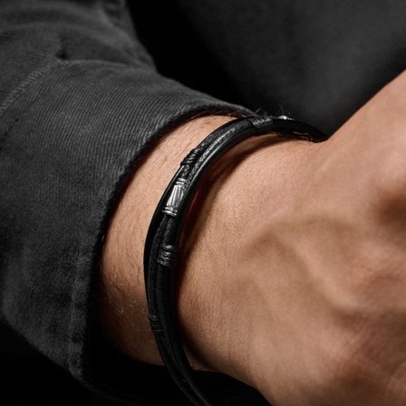 Bracciale Icon color argento in pelle nera per uomini - Bracciali in pelle