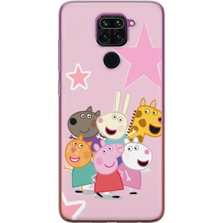 Yhteensopiva Puhelinkuori Xiaomi Redmi Note 9 Peppa Possu ja ystävät kerääntyneinä tähtien kanssa vaaleanpunaisella taustalla, värikäs lasten
