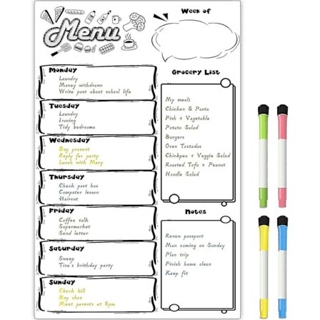 Bran torrraderbar kalenderuppsättning med 4 markörer, kalendertabell för kylskåp med veckomatplanerare; livsmedelslista köksplanerare