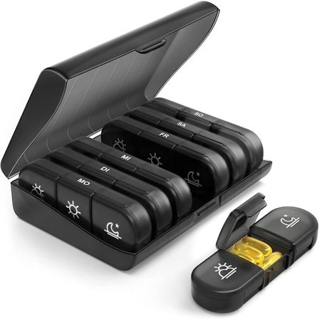 ING 1x Pilleæske 7 Dage Pilleæske Pilleæsker med 7 Rum Morgen Eftermiddag og Aften Pilleæske 7 Dage Vandtæt til Opbevaring af Medicin Sort