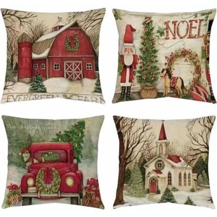 Julepudebetræk 45 x 45cm, 4 stykker pudebetræk Bomuld Linned Julepudebetræk Sofa Santa Elk Christmas De