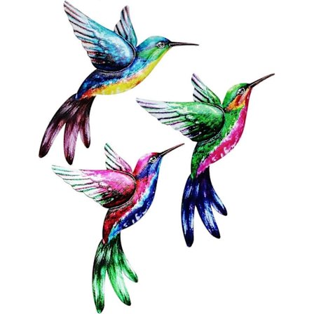 Set med 3 stora trädgårdsdekorationer i metall med kolibri, utomhusväggkonst i metall, stora kolibridekorationer för trädgård, skjul, staket, uteplats