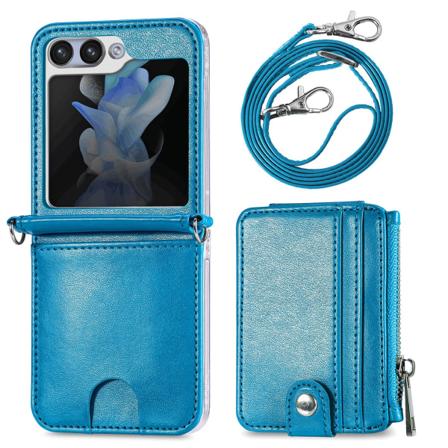 Samsung Galaxy Z Flip 5 - Plånboksfodral i Retrostil av PU-Läder med Korthållare och Halskedja Marine blue