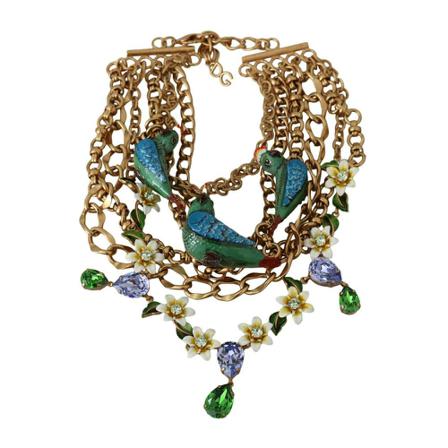 Dolce & Gabbana, Parrot Crystal Floral Charm Statement Necklace Żółty, Kobieta, Rozmiar: ONE Size