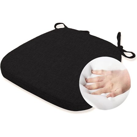 Stolsdyna med band för matstolar [16,5 x 16,2 tum svart] - Memory Foam halkfri köksstolsdyna och matsalstolsdyna med maskin