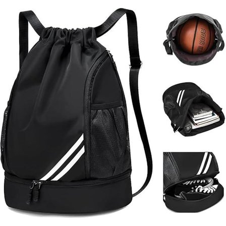 1 stk, 43x34x15 cm - Ryggsekk med snøring - Stor kapasitet, lettvekt - Våt og tørr separasjon - Svart