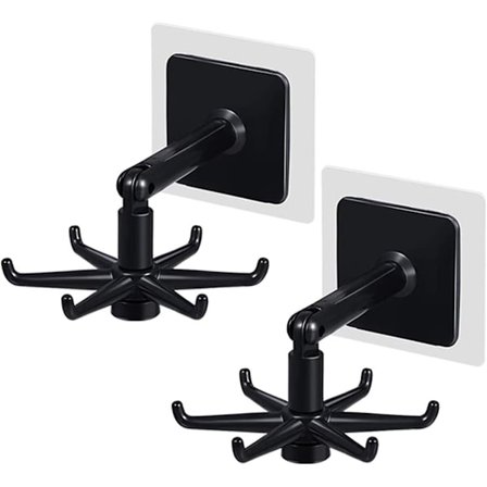 2-pack självhäftande krokar 360 graders roterande fällbar krok 6-klor, vertikal fällbar krok (svart)