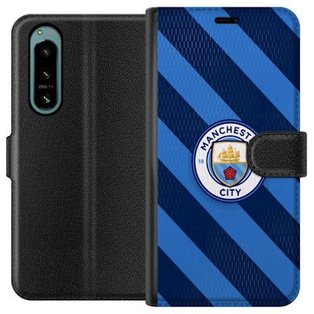 Kompatibelt Plånboksfodral till Sony Sony Xperia 5 IV Paris Saint-Germain klubbmärke med Eiffeltorn, blå cirkulär logotyp med röd mittlinje och d