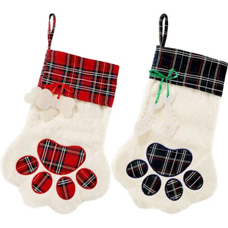2 st julstrumpor med tassmönster för husdjur, strumpor att hänga på eldstaden