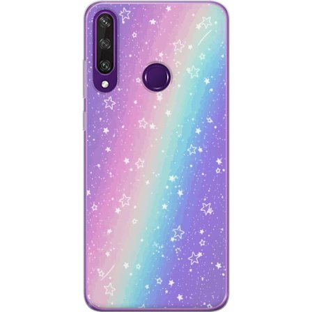 Kompatibel Mobilcover til Huawei Y6p Rainbow-farvet pastelbaggrund med hvide stjerner og glitrende prikker i blød overgang