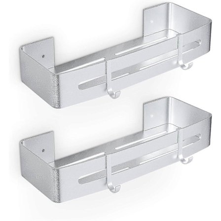 Sæt med 2 aluminiums brusehylder med kroge uden boring Brusekurv STB