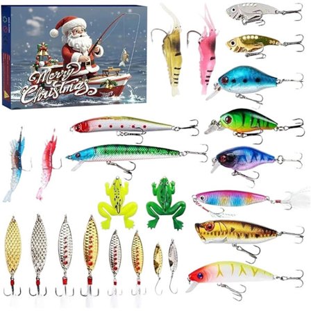 Fiske Adventskalender 2024 - Fiskedragsett, Fiskeutstyr for Voksne Menn Gutter, Fisketilbehør (24 stk)