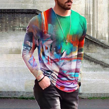 Män Långärmad Basic Tee Tie Dye Crew Neck Color Block Tops