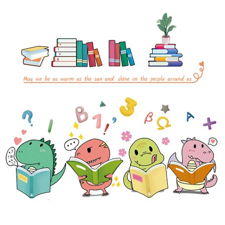 Et sæt med 4 små dinosaurer, der læser vægklistermærker