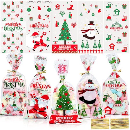 Julgodispåsar, Cellofanpåsar för jul, 50 st Klara Godispåsar Godispresentpåsar med 50 st Twist Ties för Jul, Fest