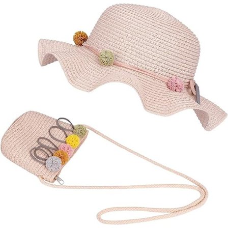 Flicksolhatt og veskesett for jenter (rosa) sommerstrand stråhatt og