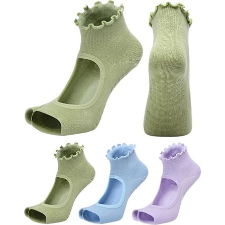 3 Pairs Pilates Socks Toeless with Grips Non Slip Ruffle Yoga Socks Grip Socks for Women