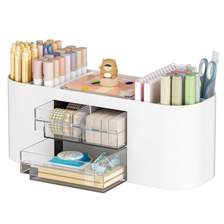 Skrivebordsorganisator med 3 skuffer, multifunktionel penholder, skrivebordsoprydning og tilbehør med 7 rum til hjemmet, skolen, klasseværelset (hvid)