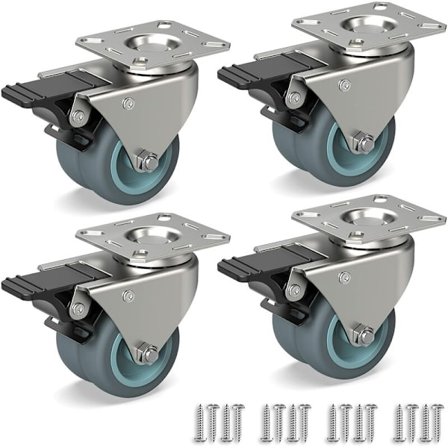 4 Svingbare Møblerhjul, Heavy Duty Dobbelthjul med Bremse + Skruer - 50mm Op til 160KG - Gummirulle til Vogn