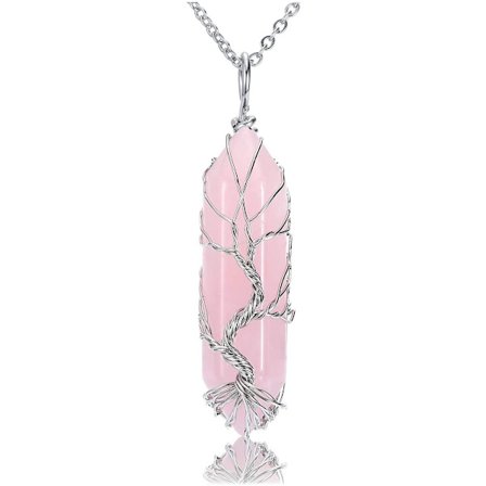 CrystalTears Healing Krystallstein Halskjede Sølv Livets Tre Trådviklet Naturlig Sekskantet Krystallspiss Henge Smykke