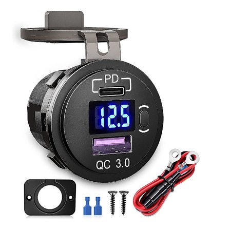 Billadapter med dobbel USB-lader, hurtiglading QC 3.0 & PD, stikkontakt med bryter og voltmeter