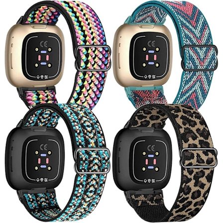 4-delt elastisk nylonstropp kompatibel med Fitbit versa 3 / Fitbit sense, justerbar elastisk stoff sportsreim for smartklokke (BohoRainbow/Green Arrow
