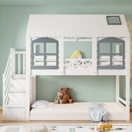 Våningssäng för barn med tak & fönster – säkerhetsgaller, 3 skåp i trappan, rymligt förvaringsutrymme, furu/MDF, vit/grå