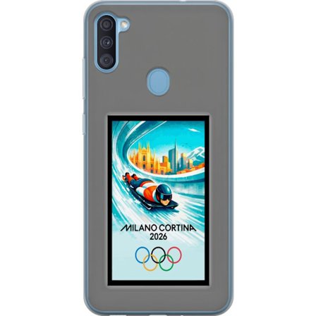 Kompatibelt Mobildeksel til Samsung Galaxy A11 Dynamisk bobslede eller skeletonkjører i iskanal med Milano Cortina 2026, bysilhuett og olympiske ringe