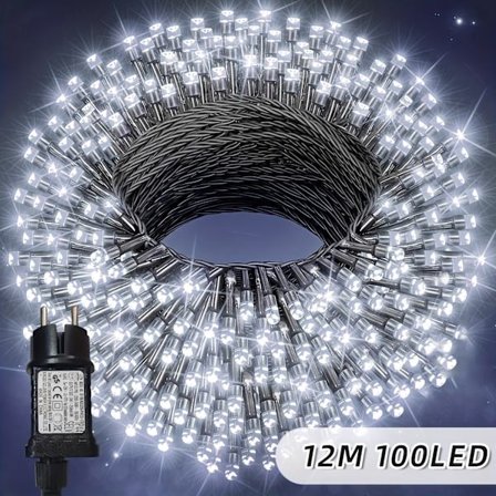 32/22/12m 8-Mode Udendørs Lyskæde med 12 Modes, Plug-in Indendørs/Udendørs Sort Ledning Lys til Soveværelse, Terrasse, Bryllup, Weekend [DB] Hvidt Lys