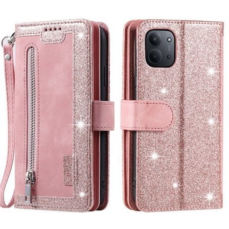 Til Xiaomi Redmi 15C Etui med Lynlåslomme og 9 Kortlommer – Pink