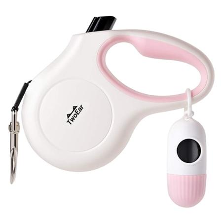 Retraktionskoppel för hund, 5 meter koppel för husdjur med dispenser och bajspåsar, halkfritt handtag, reflekterande stark nylontejp (S, vit & rosa)