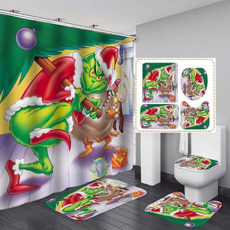 Jouluaiheinen suihkuverho 4 osan sarja liukumattomilla matoilla, wc-istuimen kannella ja kylpymatolla, Gr.inch Chri