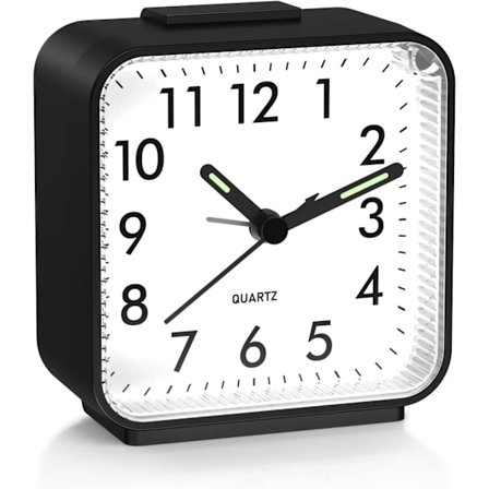 Stille vækkeur analogt ikke-tikkende vægur med selvlysende visere, snooze og lys, ikke-knuselig akrylspejl med slumrende lampe