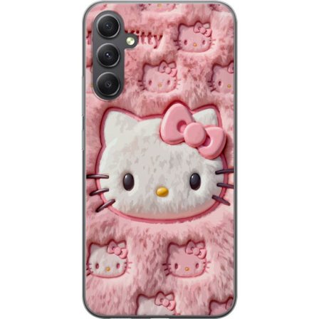 Kompatibelt Mobildeksel til Samsung Galaxy A35 Hello Kitty rosa fluffy bakgrunn med ikoniskt ansikt og kawaii-estetikk