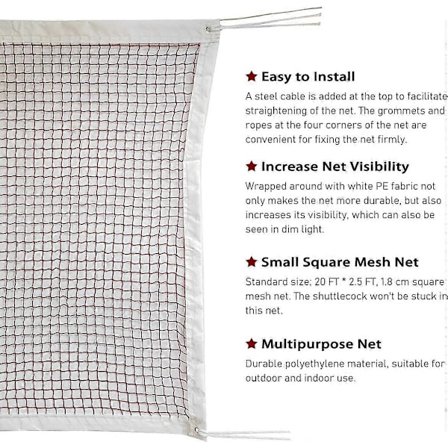 Badmintonnät för turnering med repkabel (20' x 20')