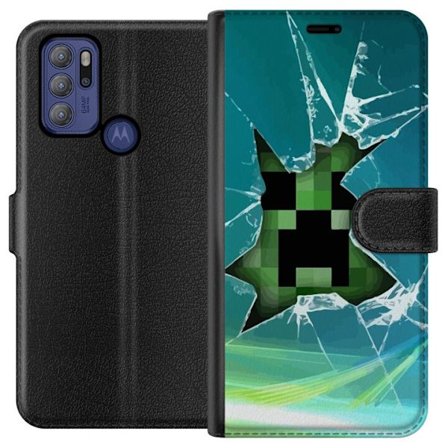 Kompatibelt Plånboksfodral till Motorola Motorola Moto G60S Minecraft Creeper genom krossat glas med dramatisk explosionseffekt där ikoniska Creeper