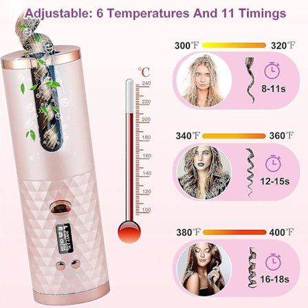 Cordless Automatic Hair Curler Portable Wireless Curling Iron Wand With Lcd Display
