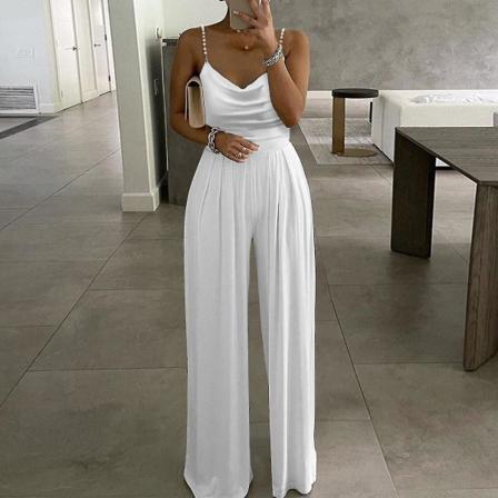 Kvindes Afslappet Ensfarvet Lang Playsuit Løstsiddende Dame Perle Selvhængende Jumpsuit (L Hvid)