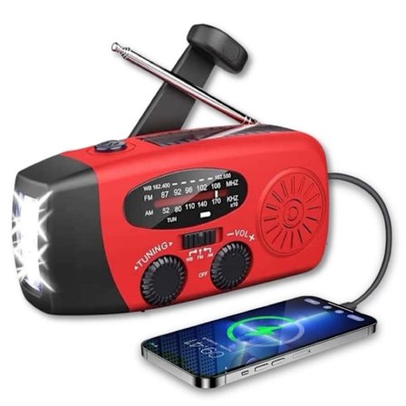 Vevradio med Solceller, Ficklampa och 2000mAh Powerbank SOS Nödsituation - Röd