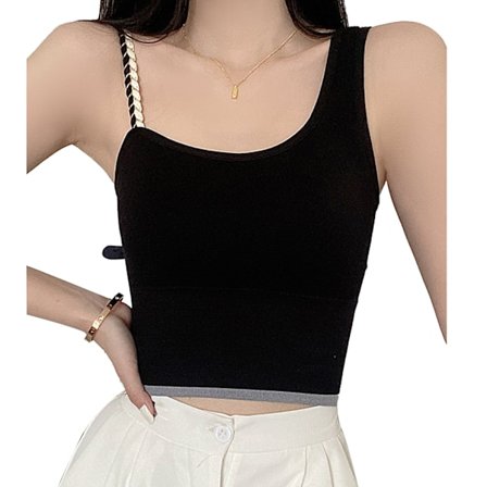 Dam Tanktop, Kort, Snygg, Sömlös, Oregelbunden, Slim Fit, Ärmlös, Remmar, Daglig Träning, Svart