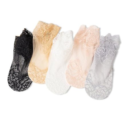 Ankelsokker med snøre til kvinder - 5-delt sæt med flæsesokker til kvinder - Ankelsokker til kvinder med fiskenet