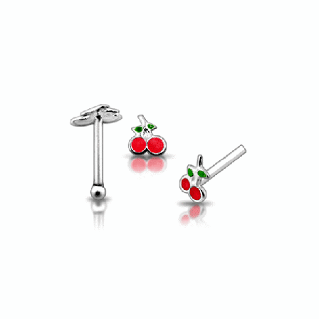 925 Silver handmålade körsbär med löv näsa Stud