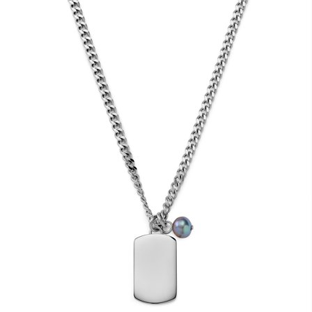 Ocata | Silver-Tone Dog Tag & Black Pearl Necklace for Men