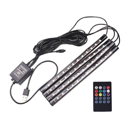 USB Bil Atmosfære Lampe 7 Farger Strip Lys Lydkontrollert LED Lampe Bil Interiør Musikk Lys (4 Strip Lys 48 LEDs) [DB]