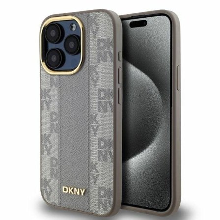 DKNY läderfodral med rutigt monomönster MagSafe iPhone 15 Pro - Beige