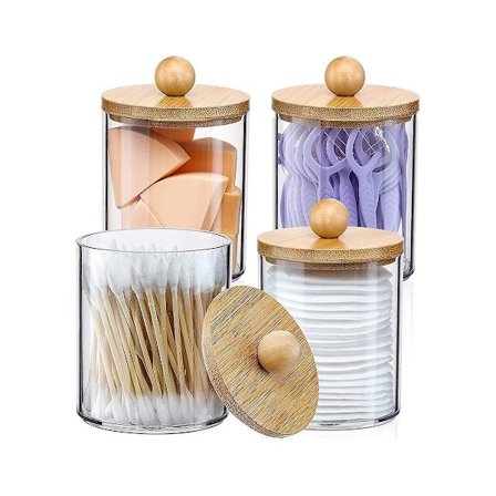 Qtip-pidike, Kylpyhuoneen organizer Säilytysastiat Kirkkaat muovipurkit bambukannilla