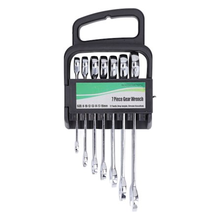 7-delars fast nyckelset med spärrfunktion, slitstarkt polerat kombinationsverktyg