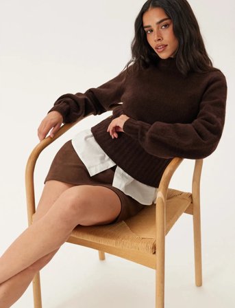 Bubbleroom Volume Sleeve Knitted Sweater - Brown - XL