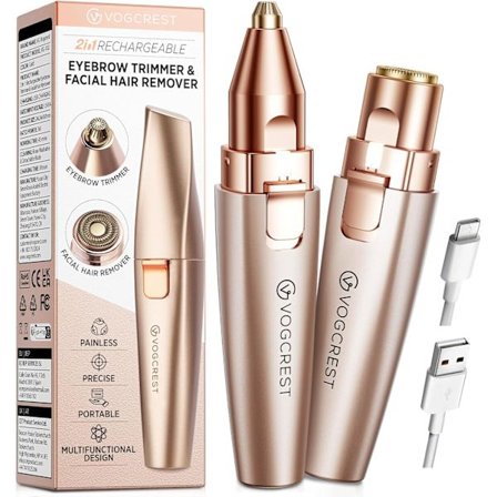 Øjenbryn & Ansigts trimmer: 2 i 1 Genopladelig Ansigts Hårfjerning & Øjenbrynshaver - Krops barbermaskine med Indbygget LED Lys (Rose Gold) Rose Gold