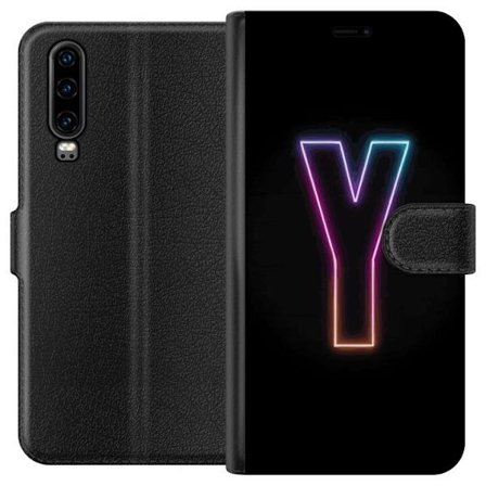 Kompatibelt Plånboksfodral till Huawei Huawei P30 Minimalistisk neonbokstav Y i färgskiftande ljus mot svart bakgrund